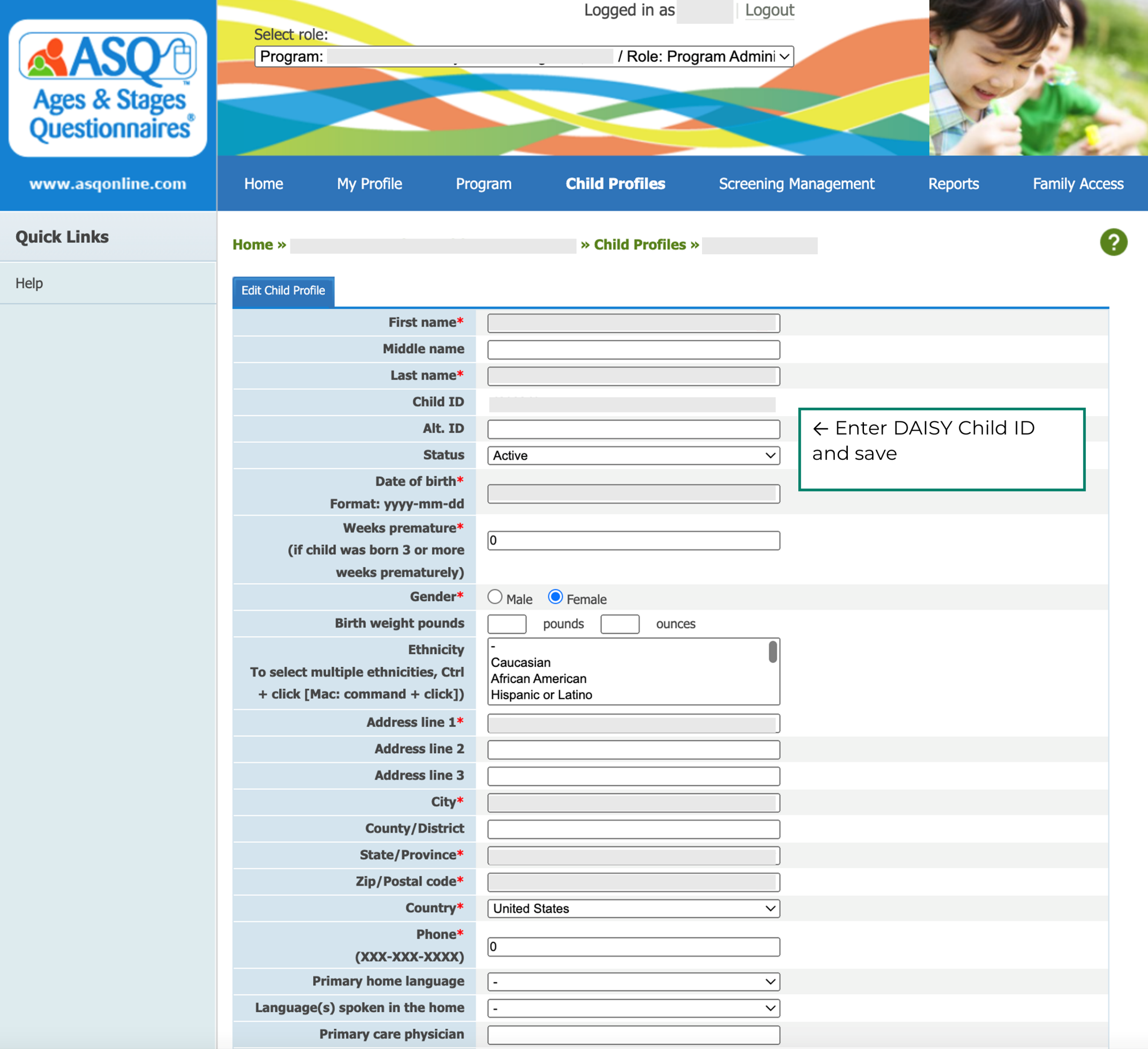 6. ASQ Online Child Profile Enter DAISY Child ID.png